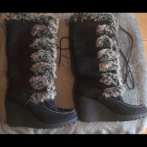 Knee High Faux Fur Wedge Heeled Boots